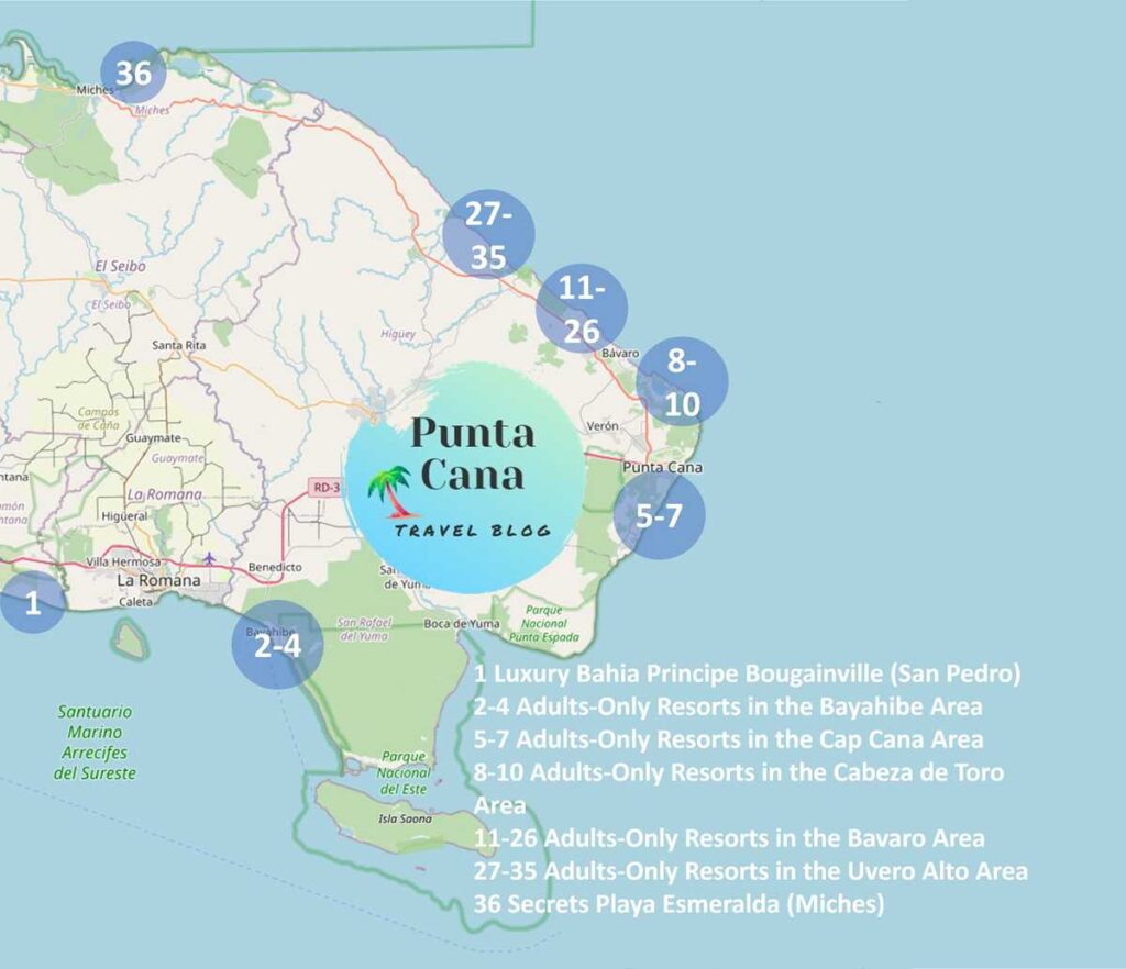A map of all adults-only resorts in Punta Cana 2025