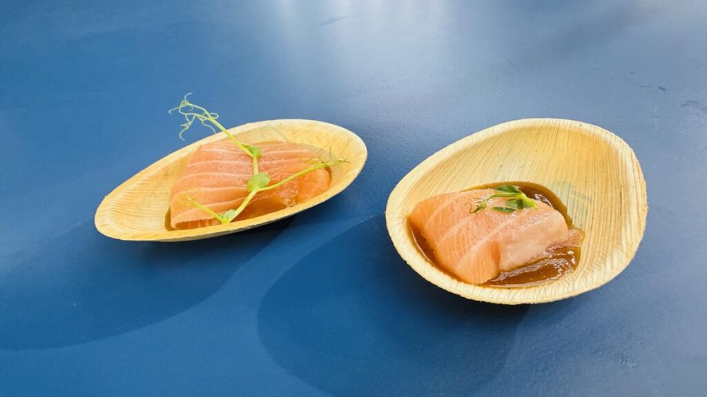 Two portions of fresh salmon sashimi served in small tasting boats with sauce and garnish