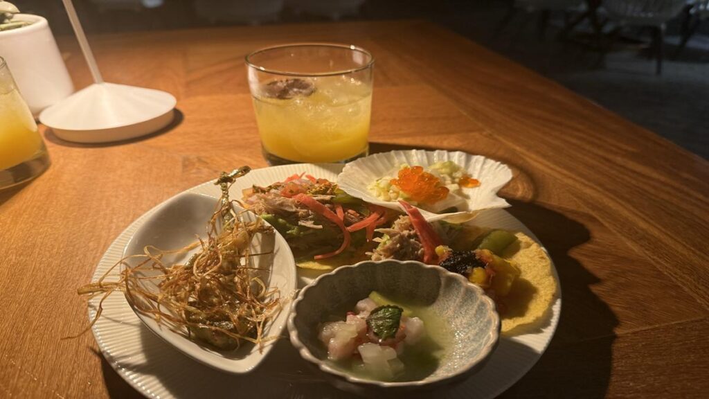 Plate of seafood appetizers, ceviche and other gourmet tastings at Dinner Under the Stars