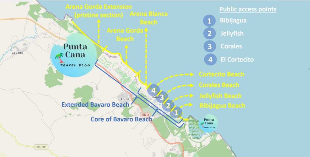 Map with an overview of Bavaro Beach