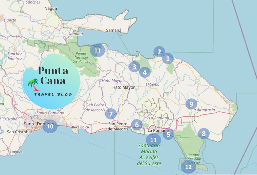 Map with the best day trips from Punta Cana in the Dominican Republic