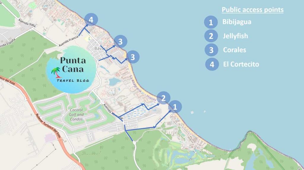 Punta Cana beach access points to Bavaro Beach