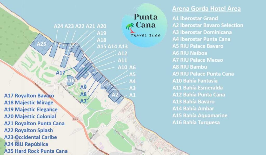A map of Punta Cana resorts in the Arena Gorda area