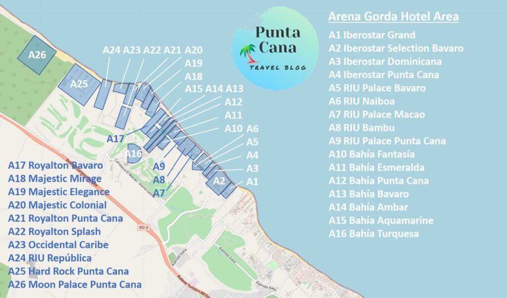 A map of Punta Cana resorts at Bavaro-Arena Gorda for 2023 and 2024