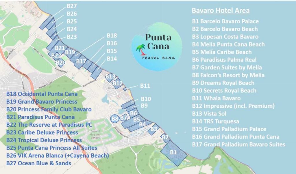 A map of Punta Cana resorts at Bavaro for 2023 and 2024