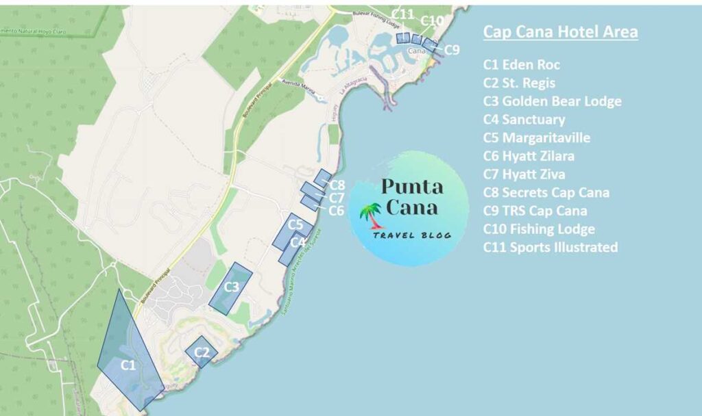 A map of Punta Cana resorts in Cap Cana for 2023 and 2024