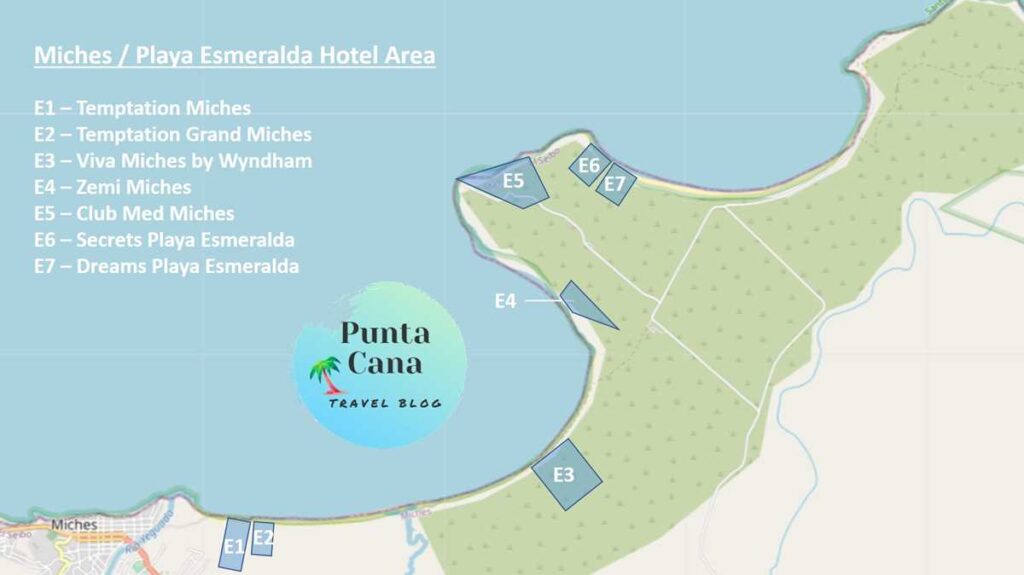 A map of Punta Cana resorts in Miches and at Playa Costa Esmeralda for 2023 and 2024