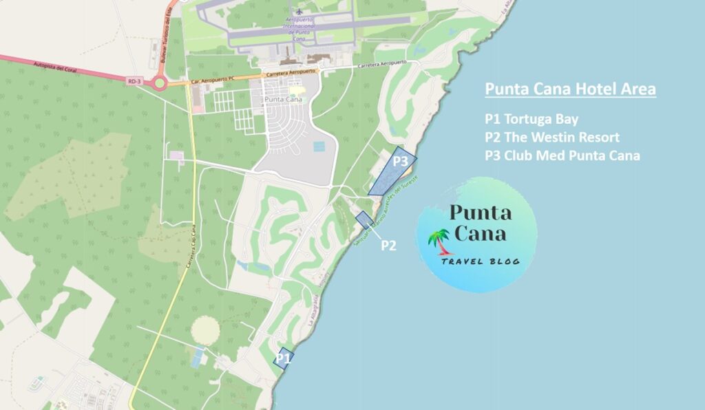 A map of Punta Cana resorts around Punta Cana Village, south of the airport