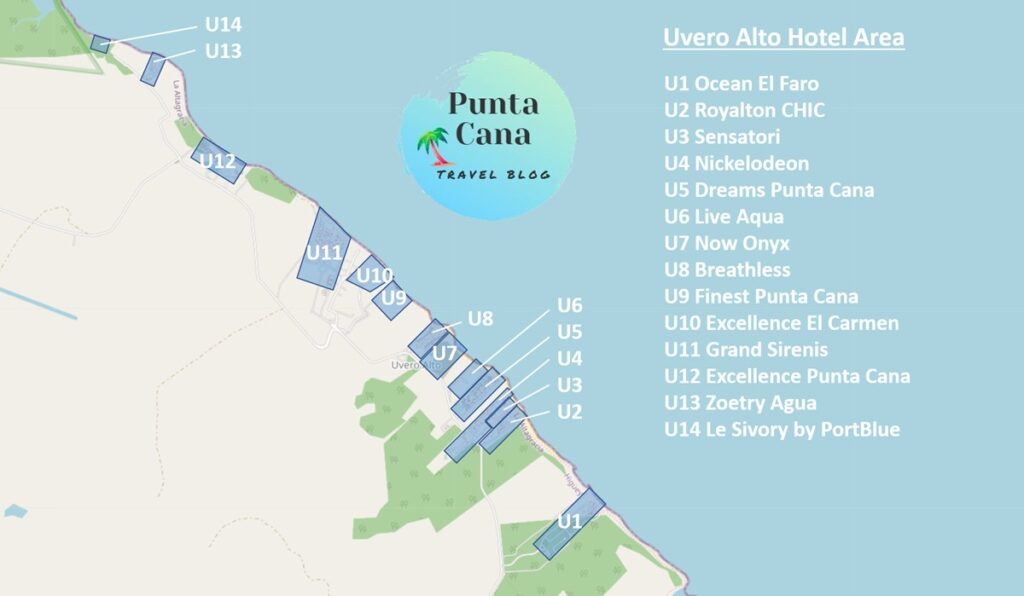 A map of Punta Cana resorts in Uvero Alto