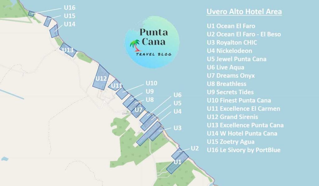 A map of Punta Cana resorts in Uvero Alto for 2023 and 2024