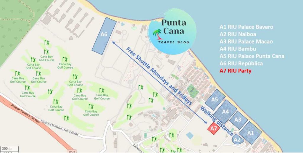 A map of the RIU Party venue and the RIU resorts