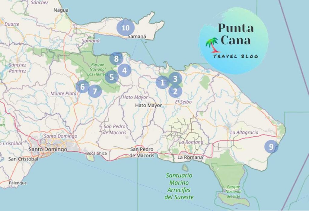 Map with all waterfalls in Punta Cana reachable in under 3 hours
