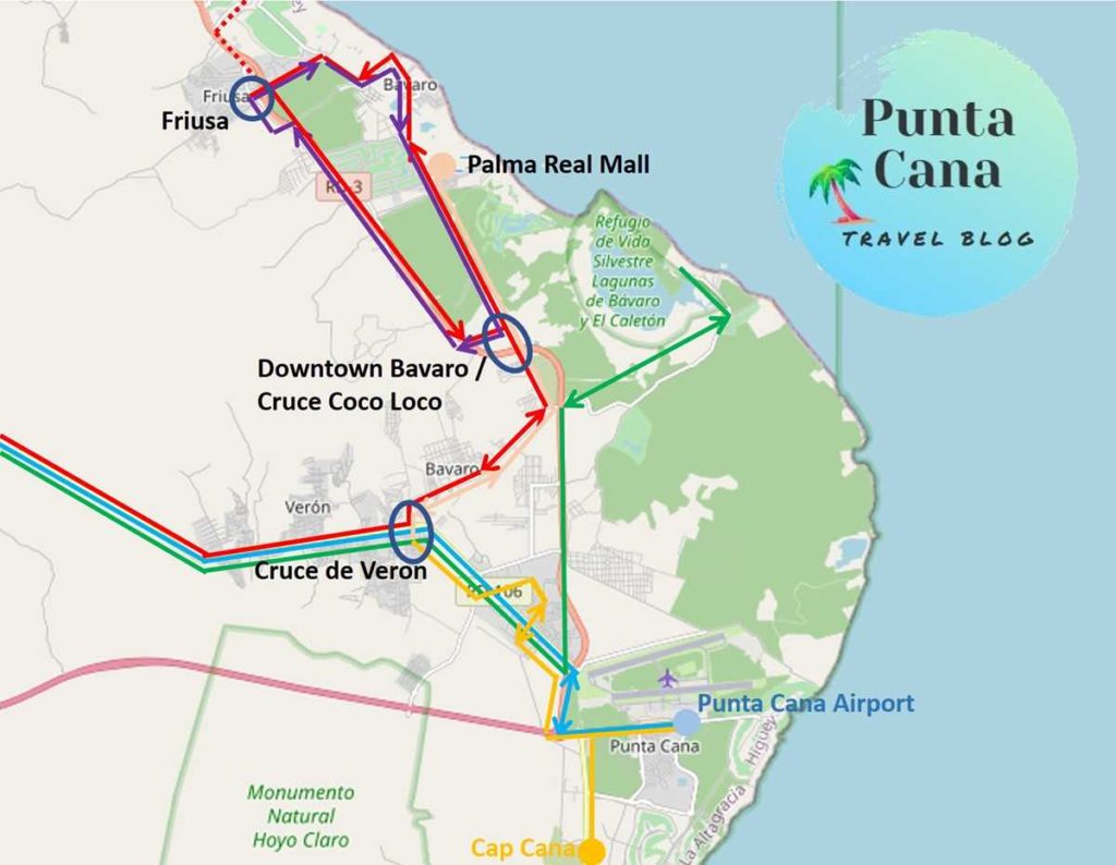 Map of the public transport system in Bavaro and Punta Cana