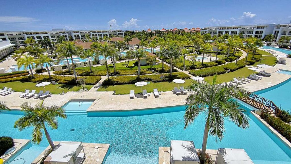 Balcony view over the stunning pools and lush tropical grounds at Paradisus Grand Cana, Punta Cana.
