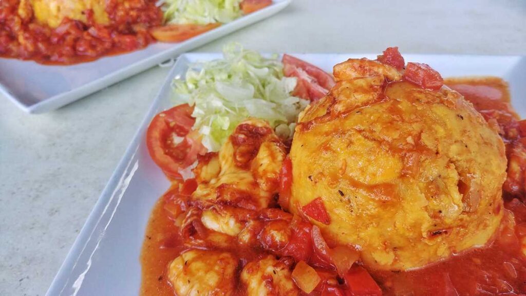 A typical Dominican dish, Mofongo, at a typical Dominican restaurant, Delicias de Bavaro