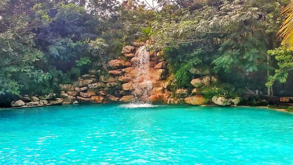 An artificial waterfall in one of Punta Canas theme parks at Bavaro Adventure Park