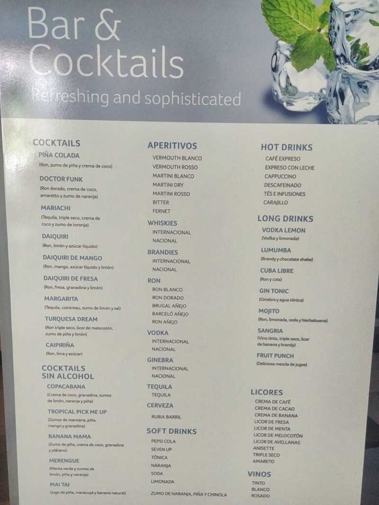 The menu with all the drinks at Riu Republica, a adults-only all-inclusive resort in Punta Cana