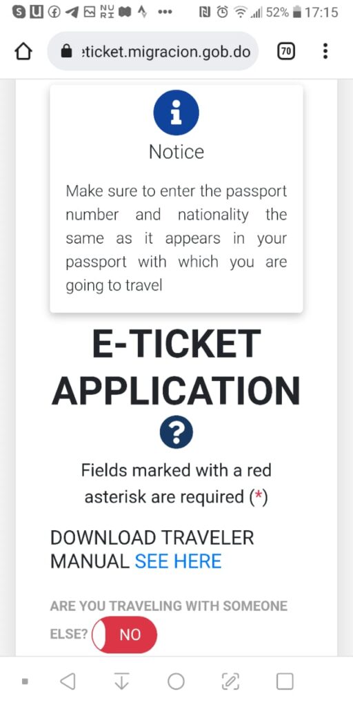 Filling out the Dominican Republic e-ticket on a mobile phone