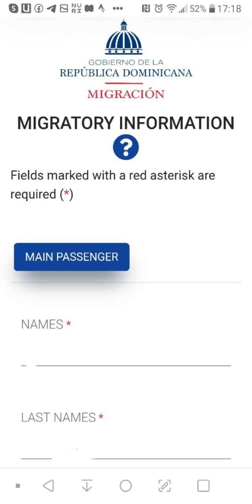 Filling out the Dominican Republic e-ticket on a mobile phone