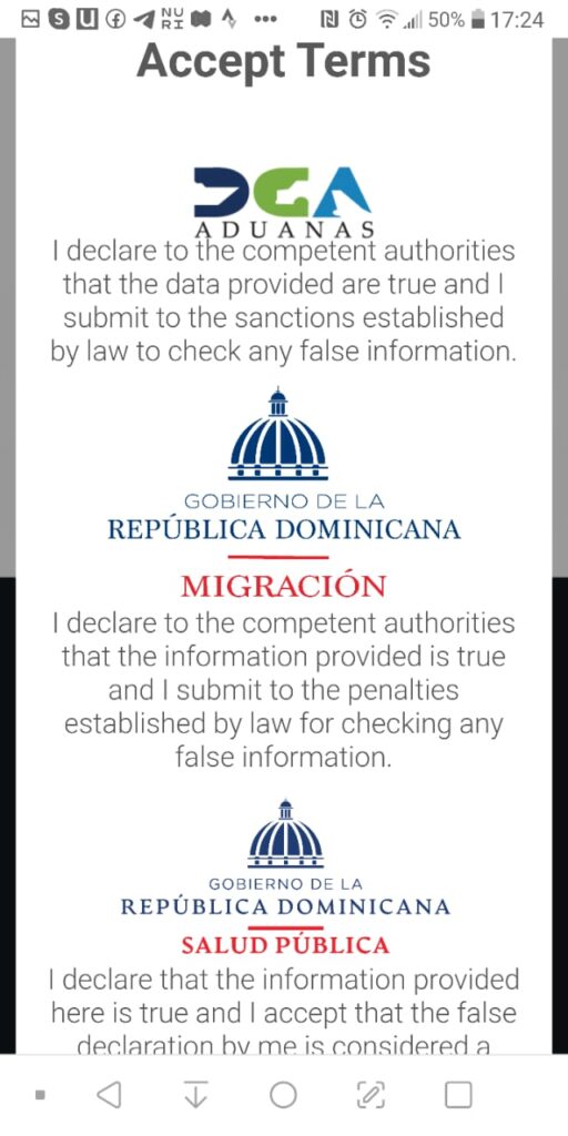 Filling out the Dominican Republic e-ticket on a mobile phone